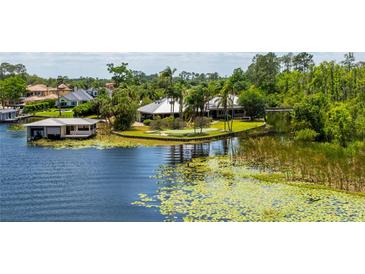 Expansive waterfront property featuring a private boat house and lush landscaping at 10300 Pocket Ln, Orlando, FL 32836