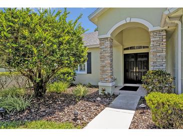 Inviting home entrance with stone accents, arched entryway, and well-maintained landscaping at 14128 Bramble Bush Ct, Orlando, FL 32832