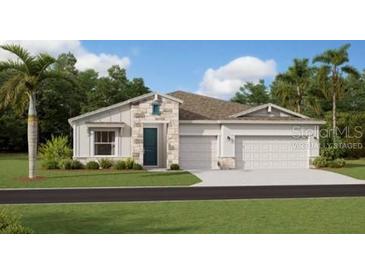 Charming single-Gathering home featuring a stone facade, two-car garage, and manicured lawn at 2931 Believe In Yourself Ct, Clermont, FL 34714