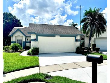 Charming single-story home showcasing a two-car garage, well-manicured lawn, and lush landscaping at 5804 Plum Pudding Ct, Orlando, FL 32821