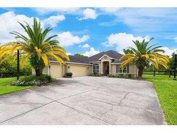 Inviting home featuring a well-manicured lawn, mature palm trees, and a spacious driveway leading to a three-car garage at 20603 Paddock St, Orlando, FL 32833