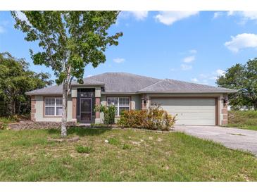 Charming single-story home with a well-maintained lawn and attached two-car garage at 1406 Kissimmee Ct, Kissimmee, FL 34759