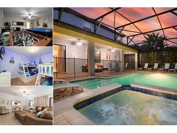 A gorgeous private pool and hot tub are surrounded by lounge chairs at 1452 Moon Valley Dr, Davenport, FL 33896