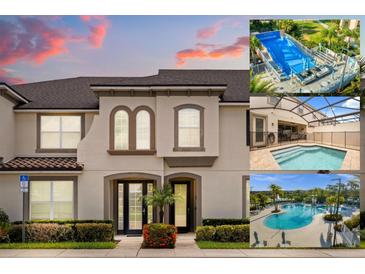 Inviting townhouse featuring a well-manicured landscape and exterior with multiple community pool images at 1592 Carey Palm Cir, Kissimmee, FL 34747