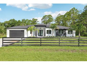 Contemporary home featuring a dark gray garage door and a well-manicured front yard with a wooden fence at 42157 Tamarac St, Eustis, FL 32736