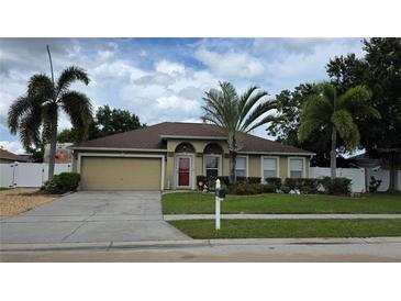 Charming single-story home featuring a two-car garage, well-manicured lawn, and beautiful palm trees in front yard at 4905 Newton Ct, St Cloud, FL 34771