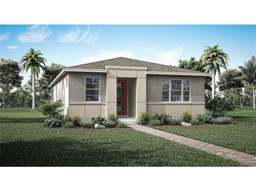 Charming single-story home with a modern facade, well-manicured lawn, and inviting walkway at 9528 Archway Aly, Orlando, FL 32832