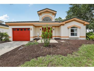 Charming single-Gathering home with a well-manicured lawn, and a vibrant red garage door, offering an inviting curb appeal at 8801 Crayson Ct, Kissimmee, FL 34747