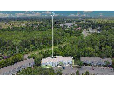 Birds eye view of townhomes surrounded by lush greenery and a scenic lake in the distance at 4443 Brook Hollow Cir # 19A, Winter Springs, FL 32708