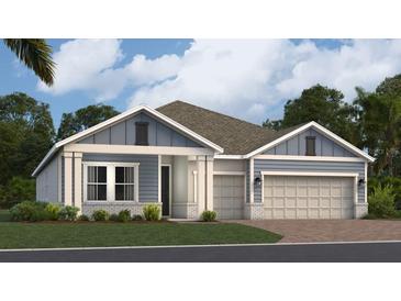 Charming single-story home with a three-car garage, landscaped yard, and blue and white exterior paint at 2287 Rider Rain Ln, Apopka, FL 32703