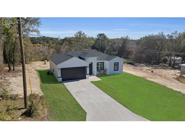 Beautiful single-story home with a well-manicured lawn and a paved driveway leading to an attached garage at 35 Locust Terrace Way, Ocala, FL 34472