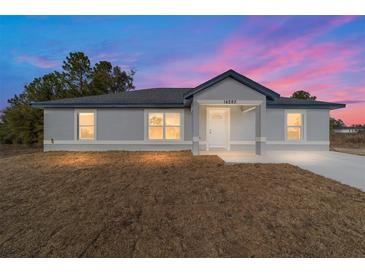 Newly constructed home with gray siding and a covered porch at 14293 Sw 32Nd Pl, Ocala, FL 34481