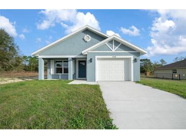 Charming single-story home with a well-manicured lawn, blue paint and a white garage door at 14409 Sw 30Th Pl, Ocala, FL 34481