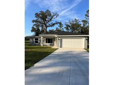 Charming single-story home showcasing a well-manicured lawn, a two-car garage, and a classic design at 24381 Nw Falcon Ave, Dunnellon, FL 34432