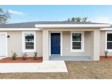 Charming home featuring a modern blue front door, neutral exterior paint, and freshly landscaped front yard at 3694 Sw 149 Ter, Ocala, FL 34481