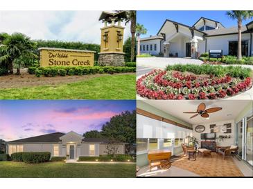 Collage featuring Stone Creek community entrance, clubhouse, home exteriors, and sunroom at 7066 Sw 91St Ct, Ocala, FL 34481