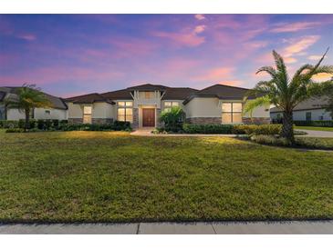 Spacious single-story home featuring manicured lawn, tropical palms, and neutral stucco with stone accents at 31771 Red Tail Blvd, Sorrento, FL 32776