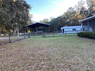 Large backyard with covered shelter, storage shed, and fenced area at 11064 Ne 212Th Ln, Fort Mc Coy, FL 32134