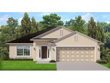 Single-story home with two-car garage, landscaping, and light beige exterior at 2138 Nw 23 Loop, Ocala, FL 34475