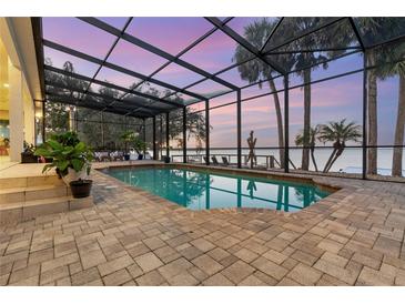 Enclosed pool area with lake view at sunset at 13041 Se 158Th Ln, Weirsdale, FL 32195