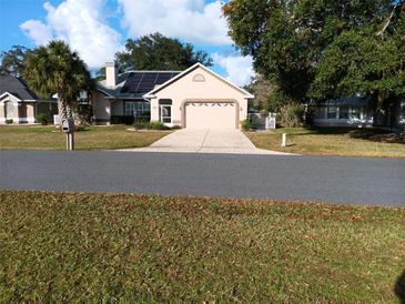 One-story house with solar panels and a two-car garage at 98 Bahia Trace Cir, Ocala, FL 34472