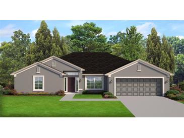 Single-story home with gray exterior, two-car garage, and landscaped lawn at 421 Spring Ln, Ocala, FL 34472