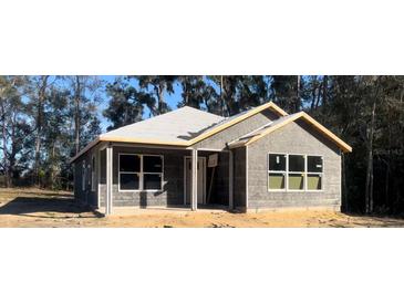 Newly constructed one-story home with light gray siding and a covered porch at 13253 Se 35Th Ct, Belleview, FL 34420