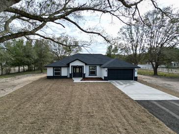 White and black modern house with a gray driveway and a large yard at 13766 Sw 115Th Pl, Dunnellon, FL 34432