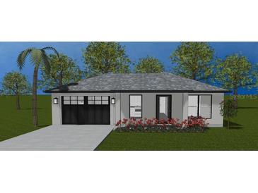 Modern house exterior with gray roof, black garage door, and landscaping at 2021 Nw Buena Vista Rd, Dunnellon, FL 34431