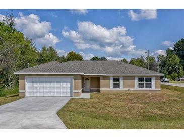 Newly constructed single-story home with a two-car garage and a neatly landscaped yard at 20 Fisher Trail Pass, Ocklawaha, FL 32179