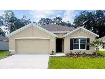 Charming single-story home featuring a two-car garage, neutral stucco, a dark front door, and manicured landscaping at 10012 Se 161St Lane Rd, Summerfield, FL 34491