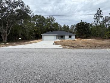 Newly constructed home with a gray exterior, two-car garage, and a concrete driveway at 20653 Sw Audubon Ave, Dunnellon, FL 34431