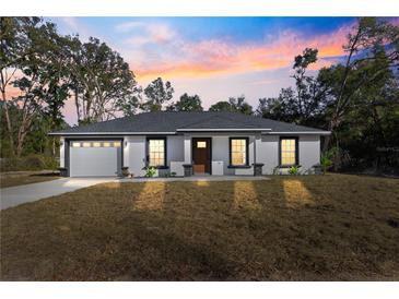 Newly constructed home with gray roof, white exterior, and a two-car garage at 14363 Se 36Th Ct, Summerfield, FL 34491