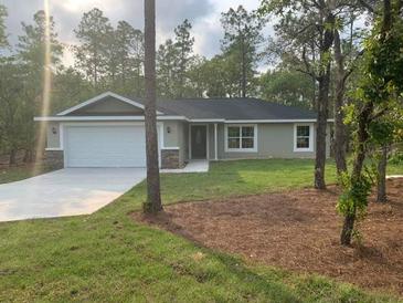 Newly constructed home with a gray exterior, attached garage, and nicely landscaped yard at 8 Juniper Track Dr, Ocala, FL 34480