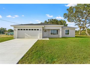 Newly constructed one-story home with attached garage and well-manicured lawn at 415 Malauka Radl, Ocklawaha, FL 32179