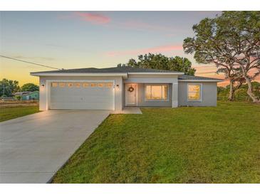 Newly constructed one-story home with attached garage and landscaped lawn at 67 Malauka Pass, Ocklawaha, FL 32179