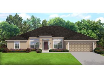 One-story home with a two-car garage and landscaped lawn at 35 Locust Radial Cir, Ocala, FL 34472