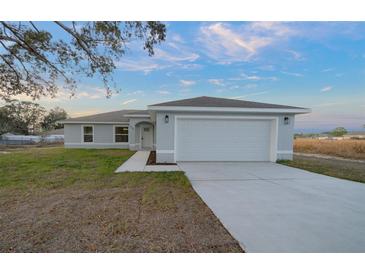 Newly built home with gray exterior, two-car garage, and landscaped lawn at 9731 Bahia Rd, Ocala, FL 34472