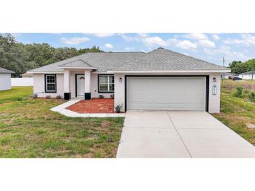 Beautiful one-story home featuring a two-car garage, concrete driveway, and modern landscaping at 13743 Sw 113 Ln, Dunnellon, FL 34432