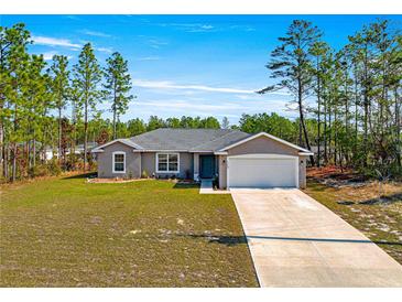 Charming single-story home with a well-manicured lawn and attached two-car garage surrounded by tall trees at 13057 Sw 85Th Cir, Ocala, FL 34473