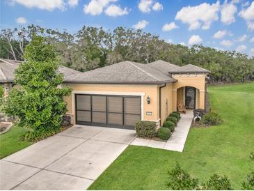 Charming single-story home features a well-manicured lawn, arched entry, and a two-car garage at 9697 Sw 63Rd Loop, Ocala, FL 34481