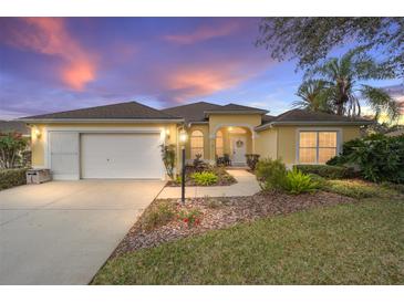 Charming single Gathering home with a two-car garage, a well-manicured lawn and beautiful sunset at 3001 Rugby Way, The Villages, FL 32162