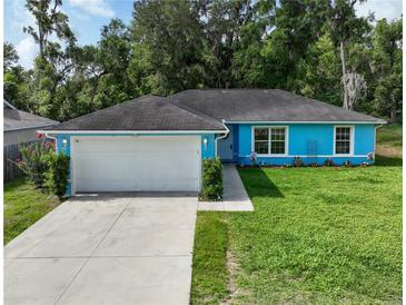 Charming single story home features a two car garage and verdant lawn with well-maintained landscaping at 6950 Se 124Th Ln, Belleview, FL 34420