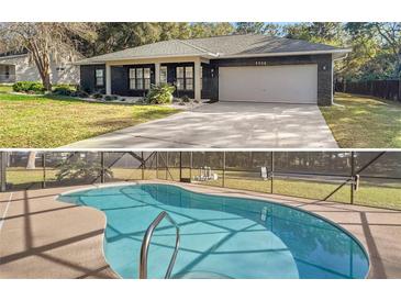 Charming single-story home featuring a black brick facade and a well-maintained front yard with green grass and a private pool at 5906 Sw 108Th St, Ocala, FL 34476