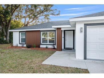 Charming single-story home with modern design elements, landscaped front yard, and a freshly painted facade at 13384 Sw 105 Pl, Dunnellon, FL 34432