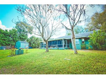 Spacious backyard with a lush lawn, a screened-in porch, mature trees and a storage shed offers privacy and tranquility at 9795 Ne 303Rd Ave, Salt Springs, FL 32134