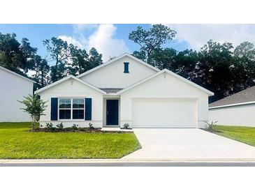 Charming single-story home featuring a manicured lawn, a two-car garage, and a classic exterior design at 10036 Se 161St Lane Rd, Summerfield, FL 34491