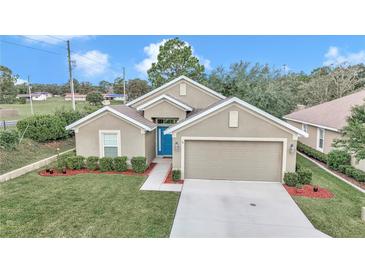 Charming single-story home featuring a blue front door, manicured lawn, and a two-car garage at 6 Diamond Cove Ct, Ocala, FL 34472