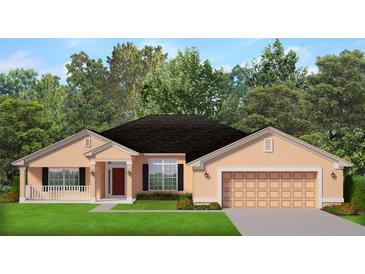 New construction home with a two-car garage, covered porch, and beautifully landscaped front yard at 6104 Sw 147Th Street Rd, Ocala, FL 34473