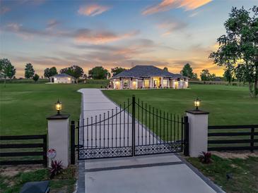 Gated estate showcasing a long driveway leading to an elegant home at sunset at 7161 Ne 22Nd Court Rd, Ocala, FL 34479